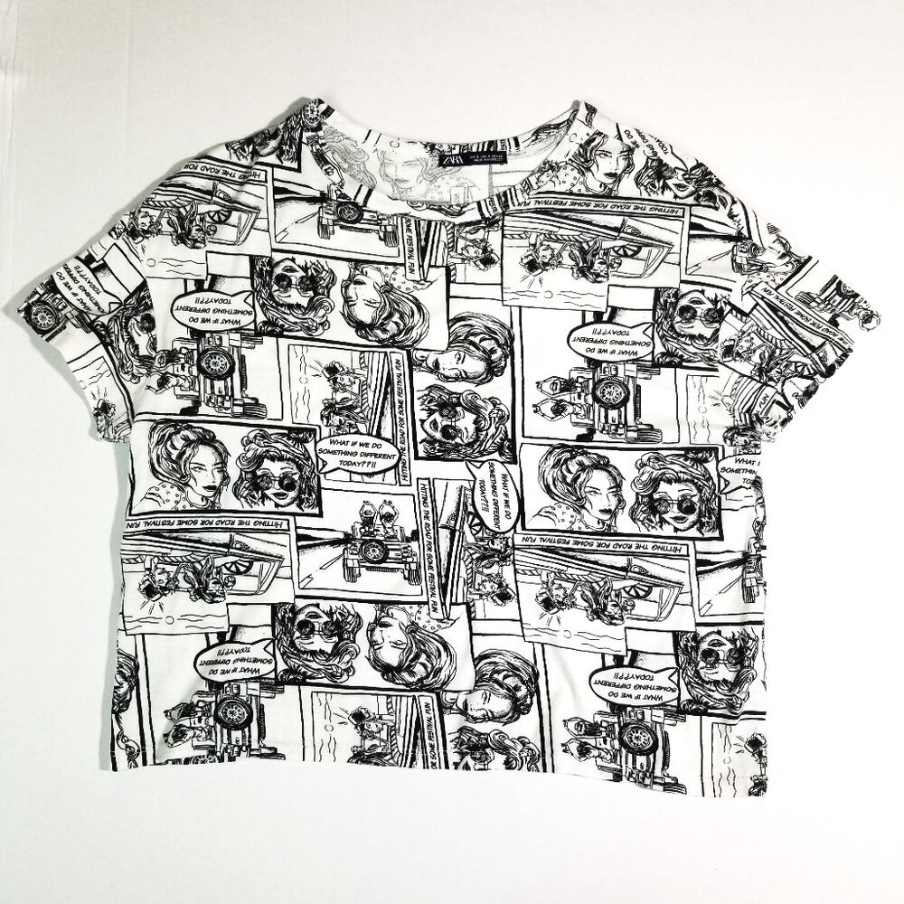 Zara Women Comic Print Top Black/White Small